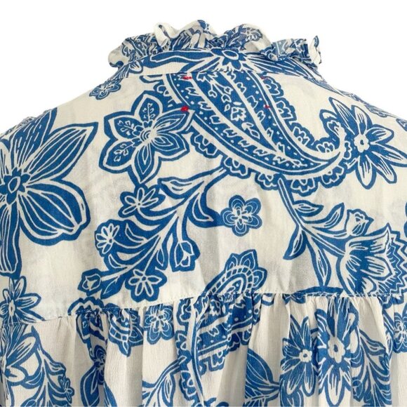 XiRENA Blue and White Ruffled Blouse with 3/4 Sleeves - Picture 5 of 8